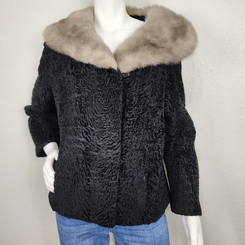 Vintage Persian Lamb Mobwife Black W/ Gray Mink Collar Jacket Size L/XL
